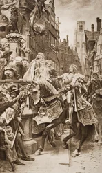 El Sacro Emperador Romano Maximiliano I y su esposa, María de Borgoña, con su primogénito, Felipe de Gante, ilustración de 